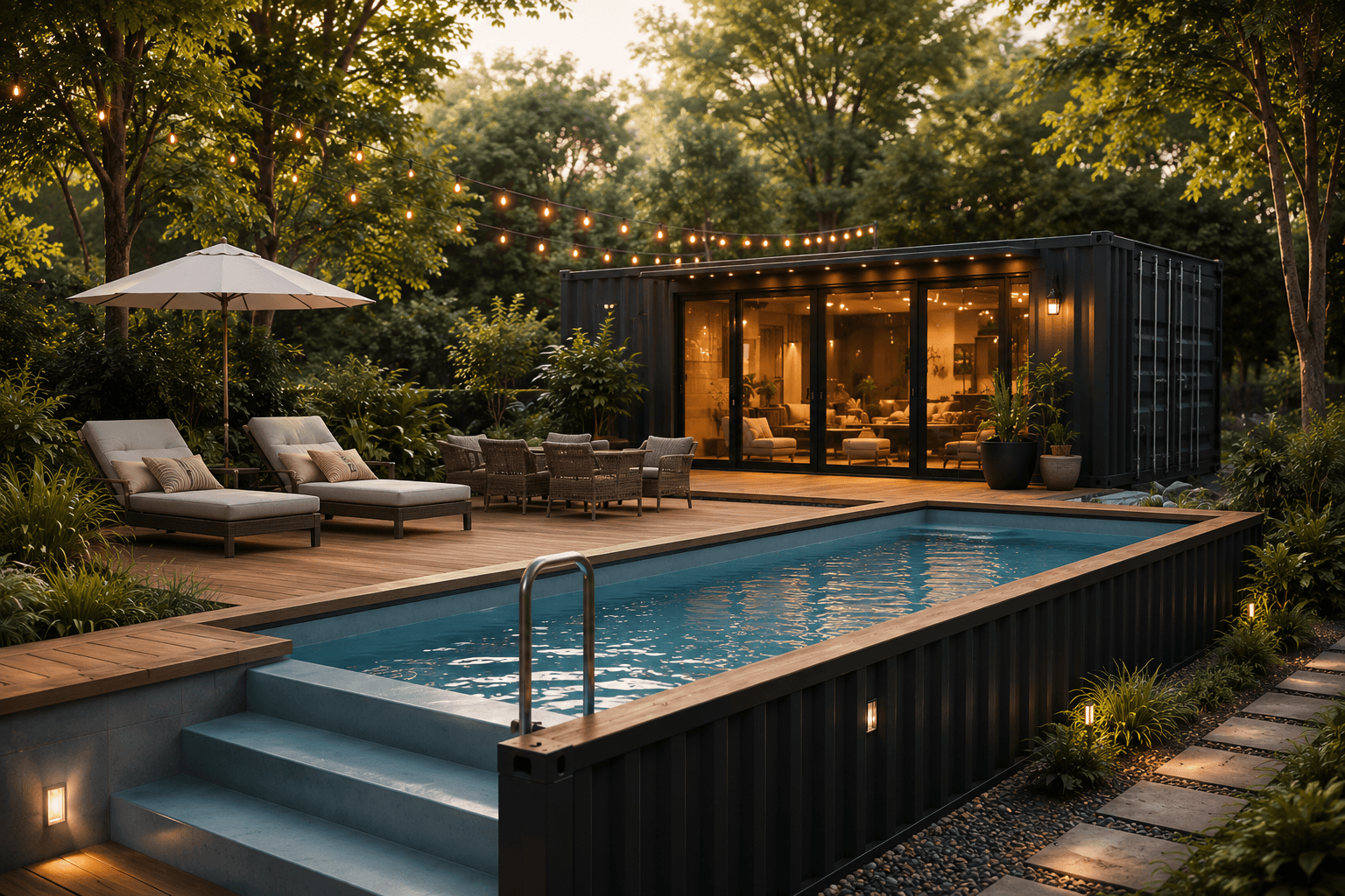 Quadra POOL — piscina modular container HQ con ventana lateral, en jardín zen-luxury